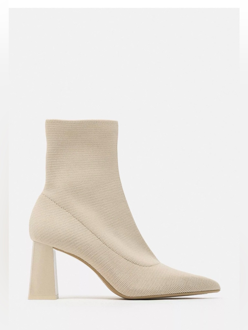 ZARA NWT Fabric Heeled Ankle Boots Women’s Cream Knit Sock Boot with Block Heel